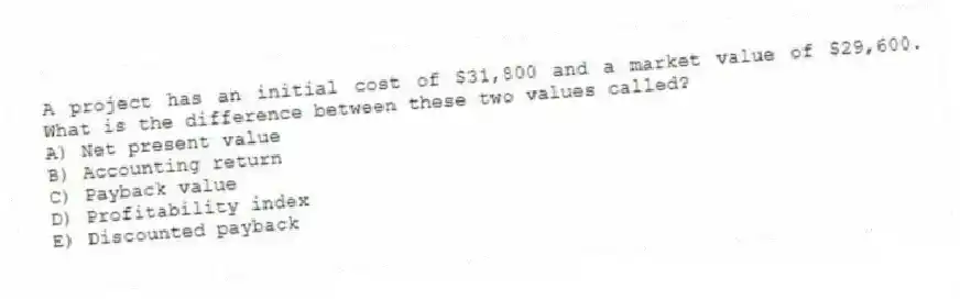 A project has an initial cost of $31,800 and a market value of $29,600. What is the difference between these two values called?
A) Net present value
B) Accounting return
C) Payback value
D) Profitability index
E) Discounted payback