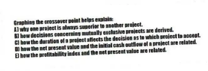 Graphing the crossover point helps explain: 
A) why one project is always superior to another project. 
B) how decisions concerning mutually exclusive projects are derived. 
C) how the duration of a project affects the decision as to which project to accept. 
D) how the net present value and the initial cash outflow of a project are related. 
E) how the profitability index and the net present value are related. 
