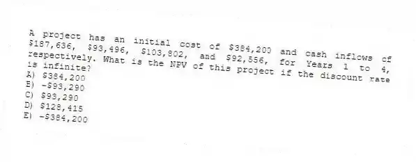A project has an initial cost of $384,200 and cash inflows of $187,636, $93,496, $103,802, and $92,556, for Years 1 to 4, respectively. What is the NPV of this project if the discount rate is infinite?
A) $384,200
B) −$93,290
C) $93,290
D) $128,415
E) −$384,200