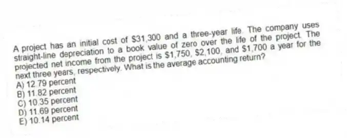 A project has an initial cost of $31,300 and a three-year life. The company uses straight-line depreciation to a book value of zero over the life of the project. The projected net income from the project is $1,750, $2,100, and $1,700 a year for the next three years, respectively. What is the average accounting return?
A) 12.79 percent
B) 11.82 percent
C) 10.35 percent
D) 11.69 percent
E) 10.14 percent