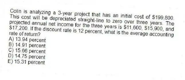 Colin is analyzing a 3-year project that has an initial cost of $199,800. This cost will be depreciated straight-line to zero over three years. The projected annual net income for the three years is $11,600, $15,900, and $17,200. If the discount rate is 12 percent, what is the average accounting rate of return?
A) 13.94 percent
B) 14.91 percent
C) 15.66 percent
D) 14.75 percent
E) 15.31 percent