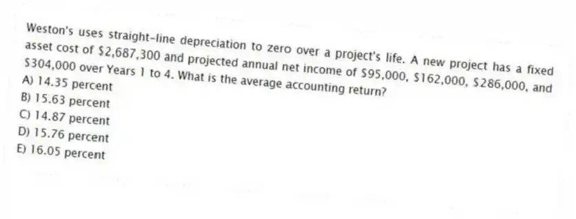 Weston's uses straight-line depreciation to zero over a project's life. A new project has a fixed asset cost of $2,687,300 and projected annual net income of $95,000, $162,000, $286,000, and $304,000 over Years 1 to 4. What is the average accounting return?
A) 14.35 percent
B) 15.63 percent
C) 14.87 percent
D) 15.76 percent
E) 16.05 percent