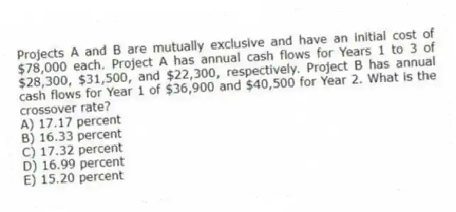 Projects A and B are mutually exclusive and have an initial cost of $78,000 each. Project A has annual cash flows for Years 1 to 3 of $28,300, $31,500, and $22,300, respectively. Project B has annual cash flows for Year 1 of $36,900 and $40,500 for Year 2. What is the crossover rate?
A) 17.17 percent
B) 16.33 percent
C) 17.32 percent
D) 16.99 percent
E) 15.20 percent