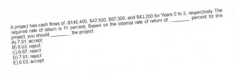 A project has cash flows of -$148,400, $42,500, $87,300, and $43,200 for Years 0 to 3, respectively. The required rate of return is 11 percent. Based on the internal rate of return of ________ percent for this project, you should ________ the project.
A) 7.91; accept
B) 8.03; reject
C) 6.67; reject
D) 7.91; reject
E) 8.03; accept