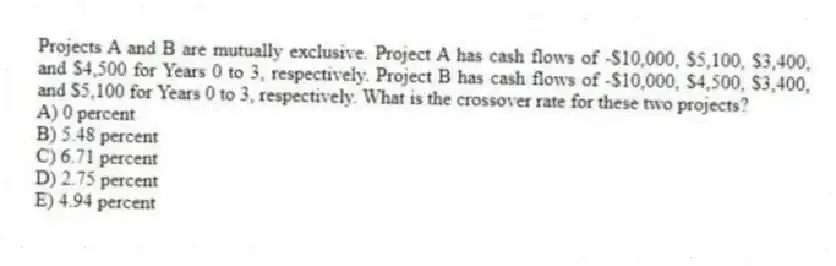 Projects A and B are mutually exclusive. Project A has cash flows of -$10,000, $5,100, $3,400, and $4,500 for Years 0 to 3, respectively. Project B has cash flows of -$10,000, $4,500, $3,400, and $5,100 for Years 0 to 3, respectively. What is the crossover rate for these two projects?
A) 0 percent
B) 5.48 percent
C) 6.71 percent
D) 2.75 percent
E) 4.94 percent