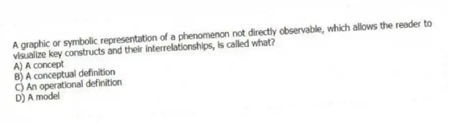 A graphic or symbolic representation of a phenomenon not directly observable, which allows the reader to visualize key constructs and their interrelationships, is called what?
A) A concept
B) A conceptual definition
C) An operational definition
D) A model