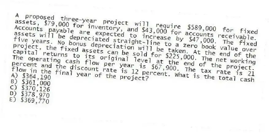 A proposed three-year project will require $589,000 for fixed assets, $79,000 for inventory, and $43,000 for accounts receivable. Accounts payable are expected to increase by $47,000. The fixed assets will be depreciated straight-line to a zero book value over five years. No bonus depreciation will be taken. At the end of the project, the fixed assets can be sold for $225,000. The net working capital returns to its original level at the end of the project. The operating cash flow per year is $67,900. The tax rate is 21 percent and the discount rate is 12 percent. What is the total cash flow in the final year of the project?
A) $364,190
B) $361,000
C) $370,126
D) $378,970
E) $369,770