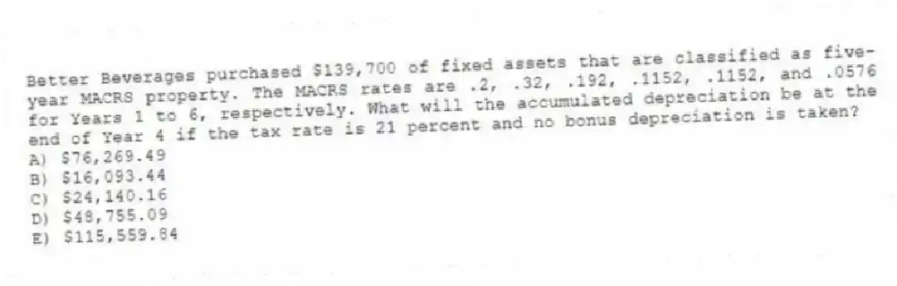 Better Beverages purchased $139,700 of fixed assets that are classified as five-year MACRS property. The MACRS rates are .2, .32, .192, .1152, .1152, and .0576 for Years 1 to 6, respectively. What will the accumulated depreciation be at the end of Year 4 if the tax rate is 21 percent and no bonus depreciation is taken?
A) $76,269.49
B) $16,093.44
C) $24,140.16
D) $48,755.09
E) $115,559.84