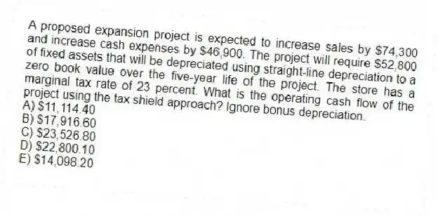 A proposed expansion project is expected to increase sales by $74,300 and increase cash expenses by $46,900. The project will require $52,800 of fixed assets that will be depreciated using straight-line depreciation to a zero book value over the five-year life of the project. The store has a marginal tax rate of 23 percent. What is the operating cash flow of the project using the tax shield approach? Ignore bonus depreciation.
A) $11,114.40
B) $17,916.60
C) $23,526.80
D) $22,800.10
E) $14,098.20
