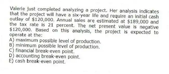 Valerie just completed analyzing a project. Her analysis indicates that the project will have a six-year life and require an initial cash outlay of $120,000. Annual sales are estimated at $189,000 and the tax rate is 21 percent. The net present value is negative $120,000. Based on this analysis, the project is expected to operate at the:
A) maximum possible level of production.
B) minimum possible level of production.
C) financial break-even point.
D) accounting break-even point.
E) cash break-even point.