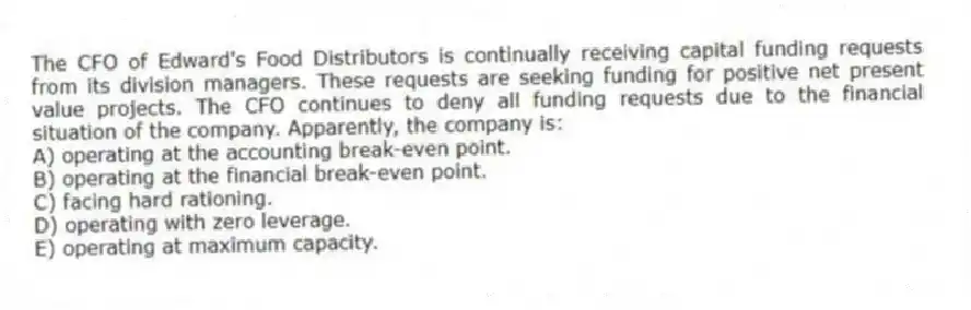 The CFO of Edward's Food Distributors is continually receiving capital funding requests from its division managers. These requests are seeking funding for positive net present value projects. The CFO continues to deny all funding requests due to the financial situation of the company. Apparently, the company is:
A) operating at the accounting break-even point.
B) operating at the financial break-even point.
C) facing hard rationing.
D) operating with zero leverage.
E) operating at maximum capacity.