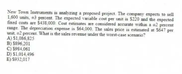 New Town Instruments is analyzing a proposed project. The company expects to sell 1,600 units, ±3 percent. The expected variable cost per unit is $220 and the expected fixed costs are $438,000. Cost estimates are considered accurate within a ±2 percent range. The depreciation expense is $64,000. The sales price is estimated at $647 per unit, ±2 percent. What is the sales revenue under the worst-case scenario?
A) $1,086,825
B) $896,201
C) $984,061
D) $1,014,496
E) $932,017