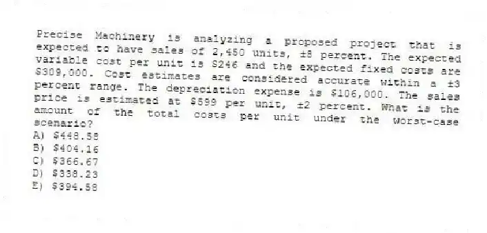 Precise Machinery is analyzing a proposed project that is expected to have sales of 2,450 units, ±8 percent. The expected variable cost per unit is $246 and the expected fixed costs are $309,000. Cost estimates are considered accurate within a ±3 percent range. The depreciation expense is $106,000. The sales price is estimated at $599 per unit, ±2 percent. What is the amount of the total costs per unit under the worst-case scenario?
A) $448.58
B) $404.16
C) $366.67
D) $338.23
E) $394.58