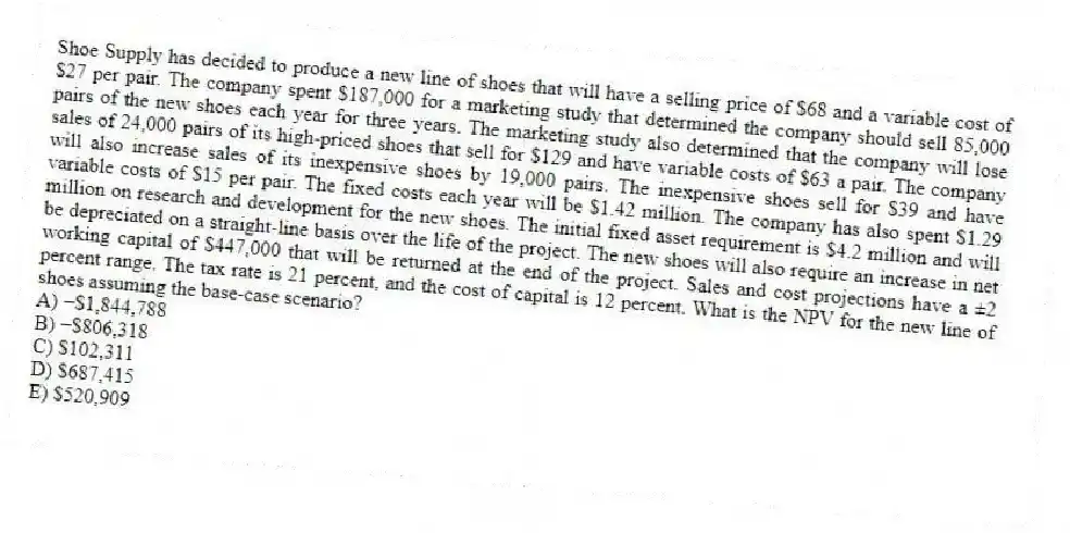 Shoe Supply has decided to produce a new line of shoes that will have a selling price of $68 and a variable cost of $27 per pair. The company spent $187,000 for a marketing study that determined the company should sell 85,000 pairs of the new shoes each year for three years. The marketing study also determined that the company will lose sales of 24,000 pairs of its high-priced shoes that sell for $129 and have variable costs of $63 a pair. The company will also increase sales of its inexpensive shoes by 19,000 pairs. The inexpensive shoes sell for $39 and have variable costs of $15 per pair. The fixed costs each year will be $1.42 million. The company has also spent $1.29 million on research and development for the new shoes. The initial fixed asset requirement is $4.2 million and will be depreciated on a straight-line basis over the life of the project. The new shoes will also require an increase in net working capital of $447,000 that will be returned at the end of the project. Sales and cost projections have a ±2 percent range. The tax rate is 21 percent, and the cost of capital is 12 percent. What is the NPV for the new line of shoes assuming the base-case scenario?
A) −$1,844,788
B) −$806,318
C) $102,311
D) $687,415
E) $520,909
