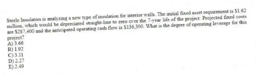 Steele Insulators is analyzing a new type of insulation for interior walls. The initial fixed asset requirement is $1.62 million, which would be depreciated straight-line to zero over the 7-year life of the project. Projected fixed costs are $287,400 and the anticipated operating cash flow is $136,300. What is the degree of operating leverage for this project?
A) 3.66
B) 1.92
C) 3.11
D) 2.27
E) 2.49