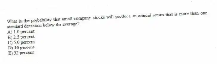What is the probability that small-company stocks will produce an annual return that is more than one standard deviation below the average?
A) 1.0 percent
B) 2.5 percent
C) 5.0 percent
D) 16 percent
E) 32 percent