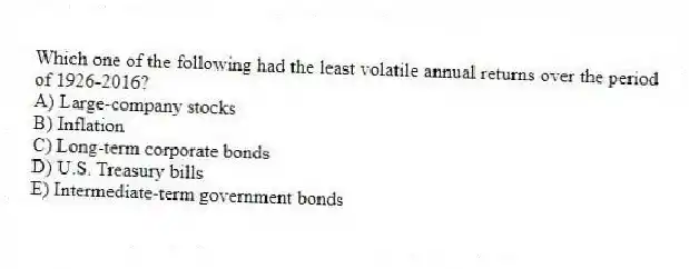 Which one of the following had the least volatile annual returns over the period of 1926-2016?
A) Large-company stocks
B) Inflation
C) Long-term corporate bonds
D) U.S. Treasury bills
E) Intermediate-term government bonds