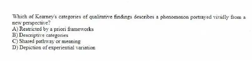 Which of Kearney's categories of qualitative findings describes a phenomenon portrayed vividly from a new perspective?
A) Restricted by a priori frameworks
B) Descriptive categories
C) Shared pathway or meaning
D) Depiction of experiential variation