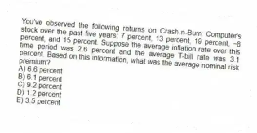 You've observed the following returns on Crash-n-Burn Computer's stock over the past five years: 7 percent, 13 percent, 19 percent, −8 percent, and 15 percent. Suppose the average inflation rate over this time period was 2.6 percent and the average T-bill rate was 3.1 percent. Based on this information, what was the average nominal risk premium?
A) 6.6 percent
B) 6.1 percent
C) 9.2 percent
D) 1.2 percent
E) 3.5 percent