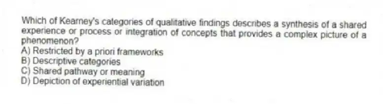 Which of Kearney's categories of qualitative findings describes a synthesis of a shared experience or process or integration of concepts that provides a complex picture of a phenomenon?
A) Restricted by a priori frameworks
B) Descriptive categories
C) Shared pathway or meaning
D) Depiction of experiential variation