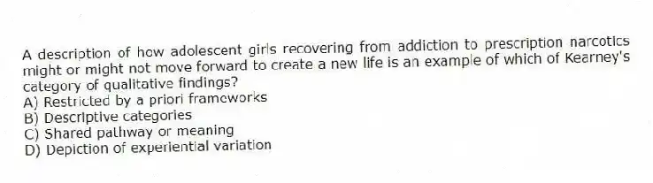 A description of how adolescent girls recovering from addiction to prescription narcotics might or might not move forward to create a new life is an example of which of Kearney's category of qualitative findings?
A) Restricted by a priori frameworks
B) Descriptive categories
C) Shared pathway or meaning
D) Depiction of experiential variation