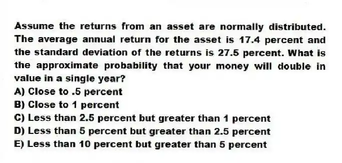 Assume the returns from an asset are normally distributed. The average annual return for the asset is 17.4 percent and the standard deviation of the returns is 27.5 percent. What is the approximate probability that your money will double in value in a single year?
A) Close to .5 percent
B) Close to 1 percent
C) Less than 2.5 percent but greater than 1 percent
D) Less than 5 percent but greater than 2.5 percent
E) Less than 10 percent but greater than 5 percent