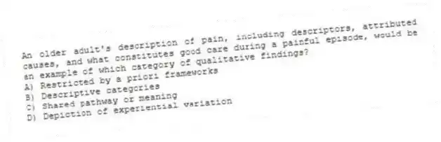 An older adult's description of pain, including descriptors, attributed causes, and what constitutes good care during a painful episode, would be an example of which category of qualitative findings?
A) Restricted by a priori frameworks
B) Descriptive categories
C) Shared pathway or meaning
D) Depiction of experiential variation