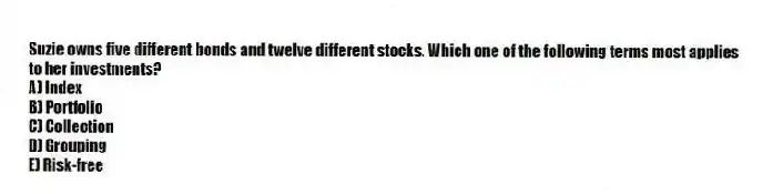 Suzie owns five different bonds and twelve different stocks. Which one of the following terms most applies to her investments?
A) Index
B) Portfolio
C) Collection
D) Grouping
E) Risk-free