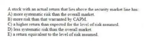 A stock with an actual return that lies above the security market line has:
A) more systematic risk than the overall market.
B) more risk than that warranted by CAPM.
C) a higher return than expected for the level of risk assumed.
D) less systematic risk than the overall market.
E) a return equivalent to the level of risk assumed.