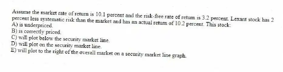 Assume the market rate of return is 10.1 percent and the risk-free rate of return is 3.2 percent. Lexant stock has 2 percent less systematic risk than the market and has an actual return of 10.2 percent. This stock:
A) is underpriced.
B) is correctly priced.
C) will plot below the security market line.
D) will plot on the security market line.
E) will plot to the right of the overall market on a security market line graph.