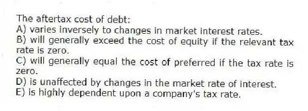 The aftertax cost of debt:
A) varies inversely to changes in market interest rates.
B) will generally exceed the cost of equity if the relevant tax rate is zero.
C) will generally equal the cost of preferred if the tax rate is zero.
D) is unaffected by changes in the market rate of interest.
E) is highly dependent upon a company's tax rate.