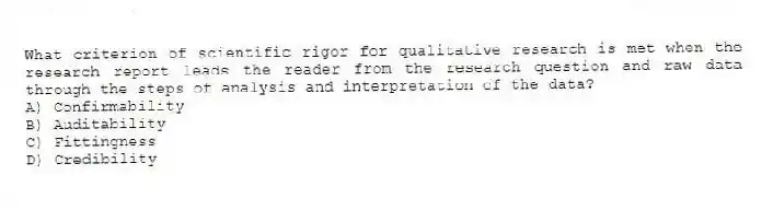 What criterion of scientific rigor for qualitative research is met when the research report leads the reader from the research question and raw data through the steps of analysis and interpretation of the data?
A) Confirmability
B) Auditability
C) Fittingness
D) Credibility