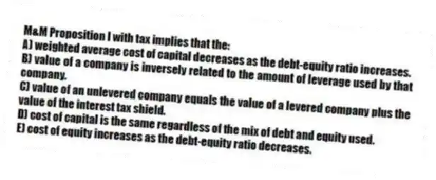 M&M Proposition I with tax implies that the:
A) weighted average cost of capital decreases as the debt-equity ratio increases.
B) value of a company is inversely related to the amount of leverage used by that company.
C) value of an unlevered company equals the value of a levered company plus the value of the interest tax shield.
D) cost of capital is the same regardless of the mix of debt and equity used.
E) cost of equity increases as the debt-equity ratio decreases.