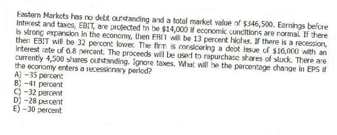 Eastern Markets has no debt outstanding and a total market value of $346,500. Earnings before interest and taxes, EBIT, are projected to be $14,000 if economic conditions are normal. If there is strong expansion in the economy, then EBIT will be 13 percent higher. If there is a recession, then EBIT will be 32 percent lower. The firm is considering a debt issue of $16,000 with an interest rate of 6.8 percent. The proceeds will be used to repurchase shares of stock. There are currently 4,500 shares outstanding. Ignore taxes. What will be the percentage change in EPS if the economy enters a recessionary period?
A) −35 percent
B) −41 percent
C) −32 percent
D) −28 percent
E) −30 percent