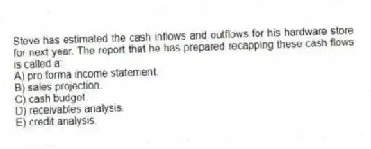 Steve has estimated the cash inflows and outflows for his hardware store for next year. The report that he has prepared recapping these cash flows is called a:
A) pro forma income statement.
B) sales projection.
C) cash budget.
D) receivables analysis.
E) credit analysis.