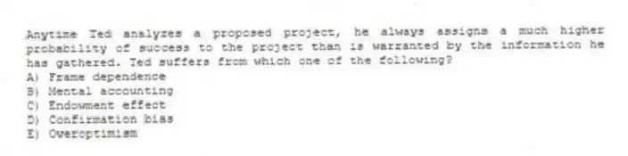 Anytime Ted analyzes a proposed project, he always assigns a much higher probability of success to the project than is warranted by the information he has gathered. Ted suffers from which one of the following?
A) Frame dependence
B) Mental accounting
C) Endowment effect
D) Confirmation bias
E) Overoptimism