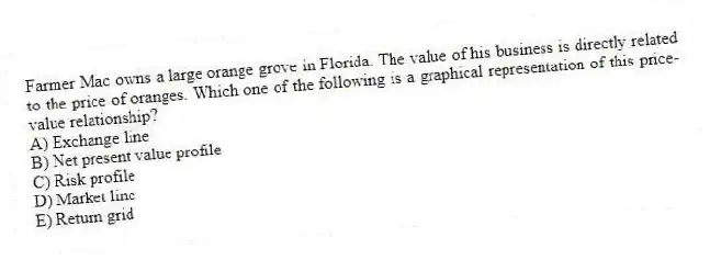 Farmer Mac owns a large orange grove in Florida. The value of his business is directly related to the price of oranges. Which one of the following is a graphical representation of this price-value relationship?
A) Exchange line
B) Net present value profile
C) Risk profile
D) Market line
E) Return grid