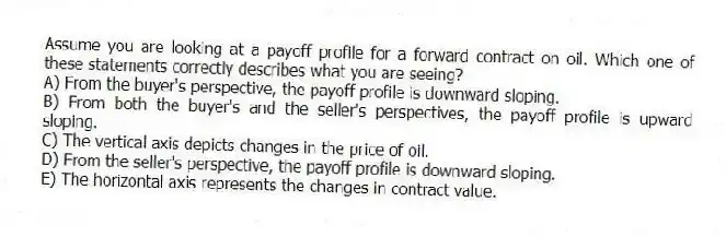 Assume you are looking at a payoff profile for a forward contract on oil. Which one of these statements correctly describes what you are seeing?
A) From the buyer's perspective, the payoff profile is downward sloping.
B) From both the buyer's and the seller's perspectives, the payoff profile is upward sloping.
C) The vertical axis depicts changes in the price of oil.
D) From the seller's perspective, the payoff profile is downward sloping.
E) The horizontal axis represents the changes in contract value.