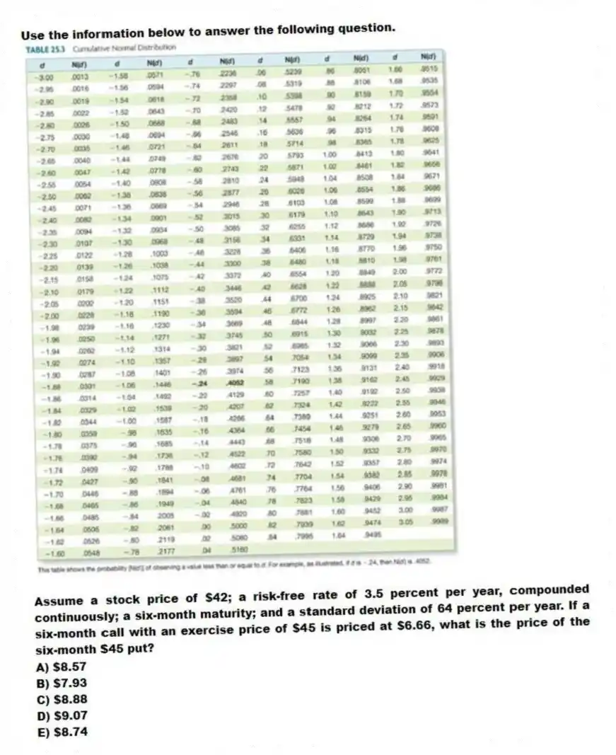 Use the information below to answer the following question.
Assume a stock price of $42; a risk-free rate of 3.5 percent per year, compounded continuously; a six-month maturity; and a standard deviation of 64 percent per year. If a six-month call with an exercise price of $45 is priced at $6.66, what is the price of the six-month $45 put?
A) $8.57
B) $7.93
C) $8.88
D) $9.07
E) $8.74