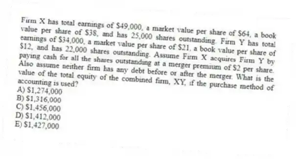 Firm X has total earnings of $49,000, a market value per share of $64, a book value per share of $38, and has 25,000 shares outstanding. Firm Y has total earnings of $34,000, a market value per share of $21, a book value per share of $12, and has 22,000 shares outstanding. Assume Firm X acquires Firm Y by paying cash for all the shares outstanding at a merger premium of $2 per share. Also assume neither firm has any debt before or after the merger. What is the value of the total equity of the combined firm, XY, if the purchase method of accounting is used?
A) $1,274,000
B) $1,316,000
C) $1,456,000
D) $1,412,000
E) $1,427,000