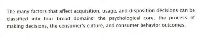 The many factors that affect acquisition, usage, and disposition decisions can be classified into four broad domains: the psychological core, the process of making decisions, the consumer's culture, and consumer behavior outcomes.