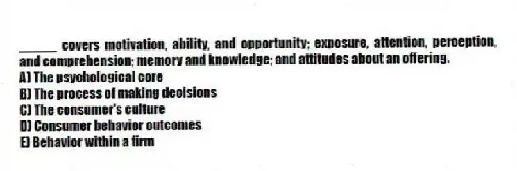 _____ covers motivation, ability, and opportunity; exposure, attention, perception, and comprehension; memory and knowledge; and attitudes about an offering.
A) The psychological core
B) The process of making decisions
C) The consumer's culture
D) Consumer behavior outcomes
E) Behavior within a firm