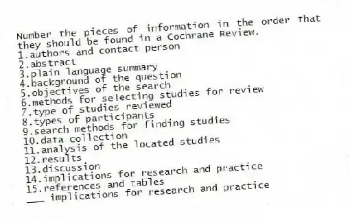 Number the pieces of information in the order that they should be found in a Cochrane Review.
1.authors and contact person
2.abstract
3.plain language summary
4.background of the question
5.objectives of the search
6.methods for selecting studies for review
7.type of studies reviewed
8.types of participants
9.search methods for finding studies
10.data collection
11.analysis of the located studies
12.results
13.discussion
14.implications for research and practice
15.references and tables
-___ implications for research and practice