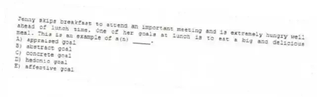 Jenny skips breakfast to attend an important meeting and is extremely hungry well ahead of lunch time. One of her goals at lunch is to eat a big and delicious meal. This is an example of a(n) _____.
A) appraised goal
B) abstract goal
C) concrete goal
D) hedonic goal
E) affective goal
