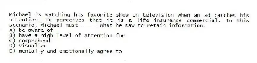 Michael is watching his favorite show on television when an ad catches his attention. He perceives that it is a life insurance commercial. In this scenario, Michael must _____ what he saw to retain information.
A) be aware of
B) have a high level of attention for
C) comprehend
D) visualize
E) mentally and emotionally agree to