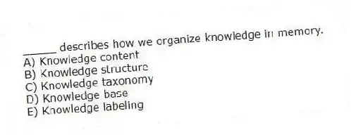 _____ describes how we organize knowledge in memory.
A) Knowledge content
B) Knowledge structure
C) Knowledge taxonomy
D) Knowledge base
E) Knowledge labeling
