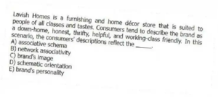 Lavish Homes is a furnishing and home décor store that is suited to people of all classes and tastes. Consumers tend to describe the brand as a down-home, honest, thrifty, helpful, and working-class friendly. In this scenario, the consumers' descriptions reflect the _____.
A) associative schema
B) network associativity
C) brand's image
D) schematic orientation
E) brand's personality