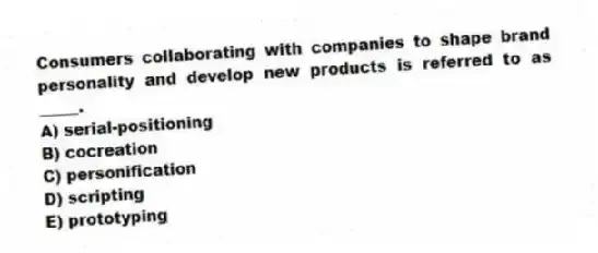 Consumers collaborating with companies to shape brand personality and develop new products is referred to as _____.
A) serial-positioning
B) cocreation
C) personification
D) scripting
E) prototyping