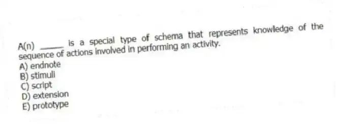 A(n) _____ is a special type of schema that represents knowledge of the sequence of actions involved in performing an activity.
A) endnote
B) stimuli
C) script
D) extension
E) prototype
