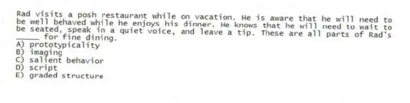 Rad visits a posh restaurant while on vacation. He is aware that he will need to be well behaved while he enjoys his dinner. He knows that he will need to wait to be seated, speak in a quiet voice, and leave a tip. These are all parts of Rad's _____ for fine dining.
A) prototypicality
B) imaging
C) salient behavior
D) script
E) graded structure